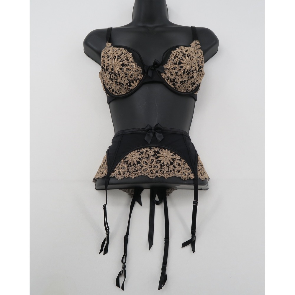 Victorias Secret Black Gold Lace Unlined Demi Bra 34D & Garter Belt Set